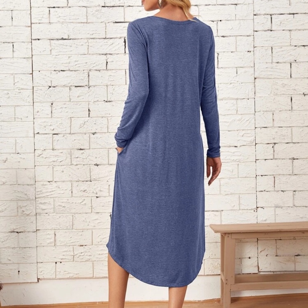 Long sleeve curved hem midi dress POCKETS blue - Picture 2 of 8